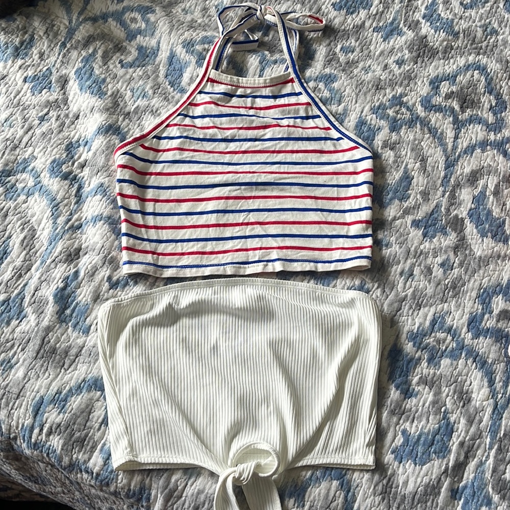 Summer tops. Red/white/blue Sz S and white Rib-knit Knot Hem Crop Tube sz M